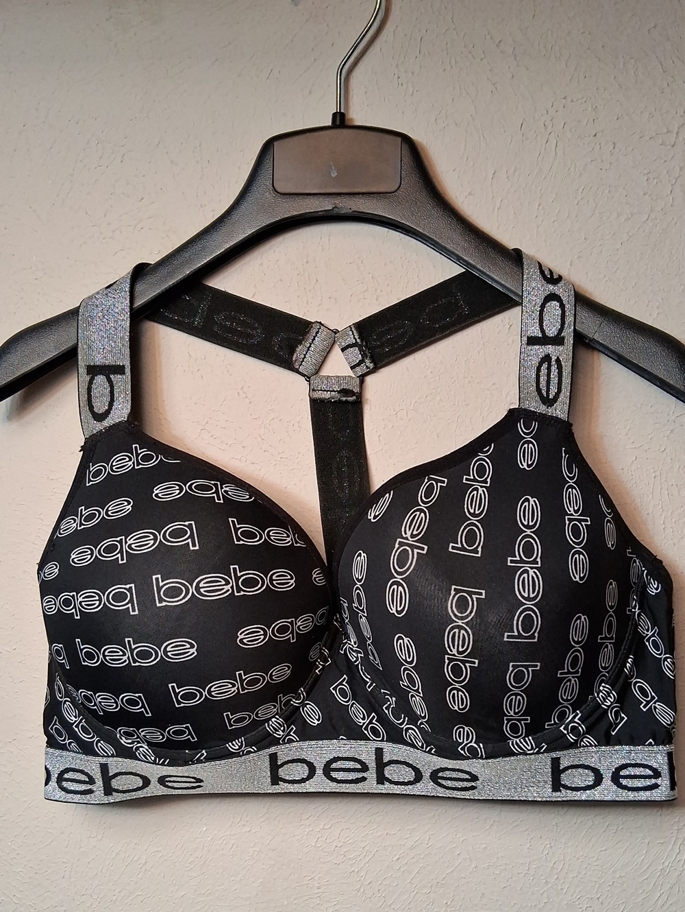 bebe Black Logo Glitter-Trim Racerback Bra